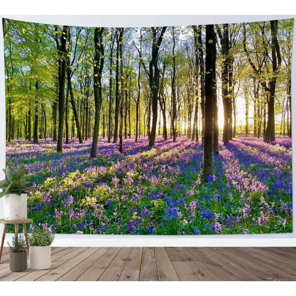 40L x 60W Inches, Forest Sunshine Tapestry Wall Hanging Lavender Floral Morning